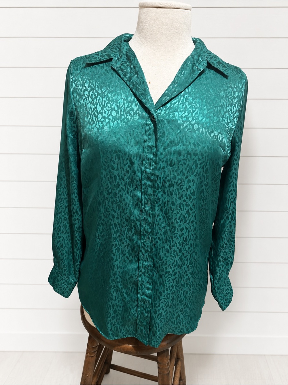 Japna Emerald Satin Button-Down Blouse